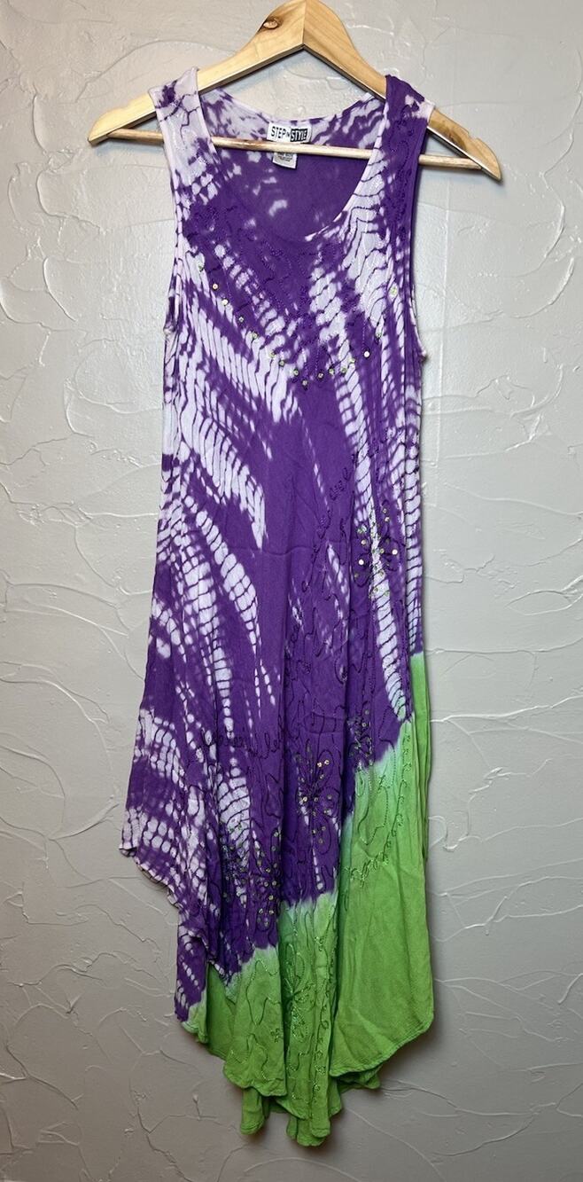 Vtg Purple Green Sequin Tie Dye Handkerchief Hem Dress Whimsygoth Fairy Grunge